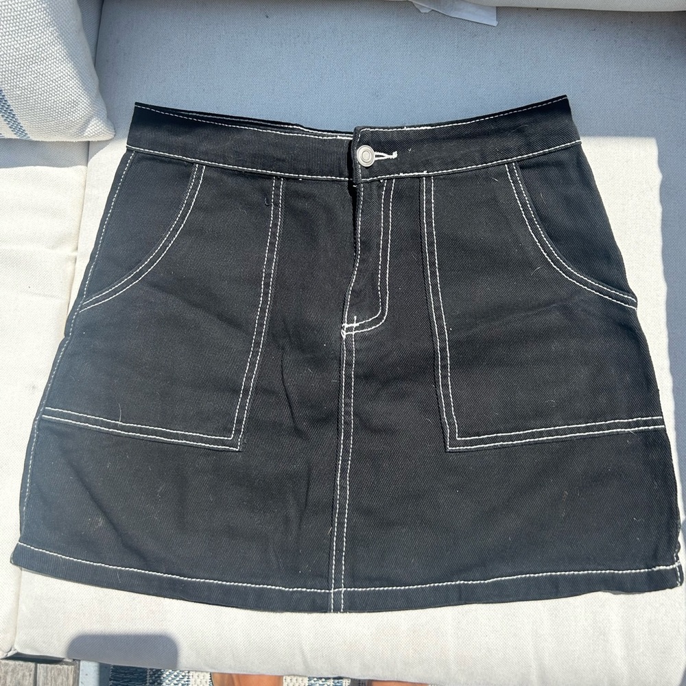 Black Mini Denim Skirt w white stitching !